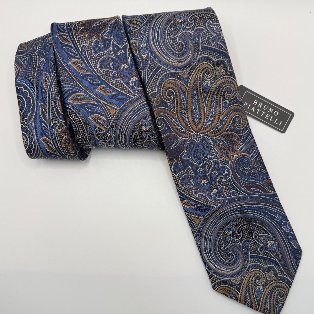 Bruno Piattelli Silk Tie One Size Blue Navy Bronze Paisley Hand Made Italian